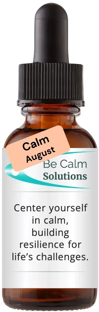 brown dropper bottle with Catherine Winfree's Be Calm Solutions label