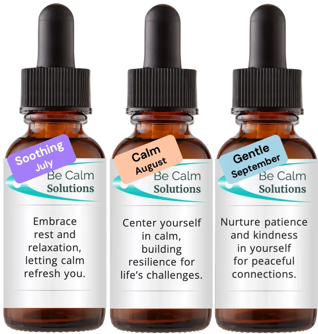 3 brown dropper bottles with Catherine Winfree's Be Calm Solutions label