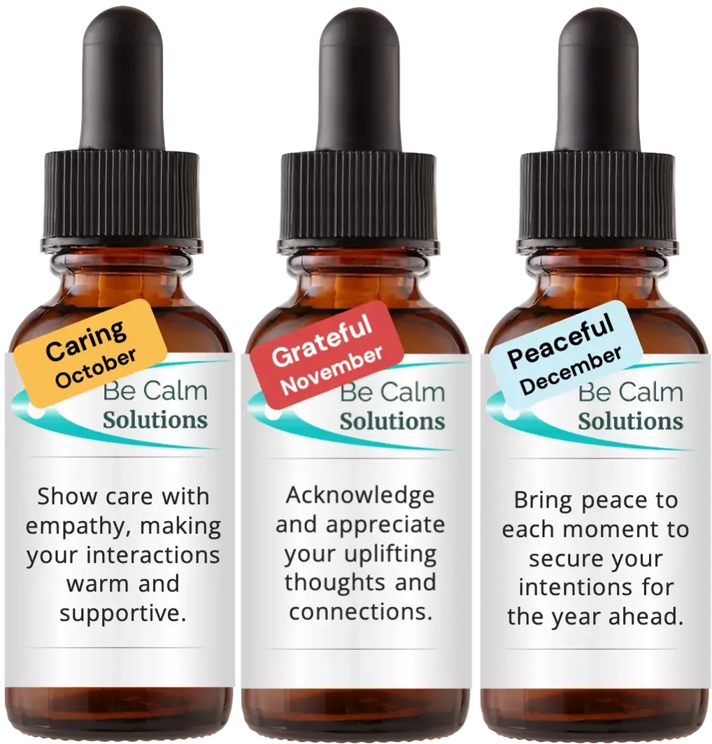 3 brown dropper bottles with Catherine Winfree's Be Calm Solutions label