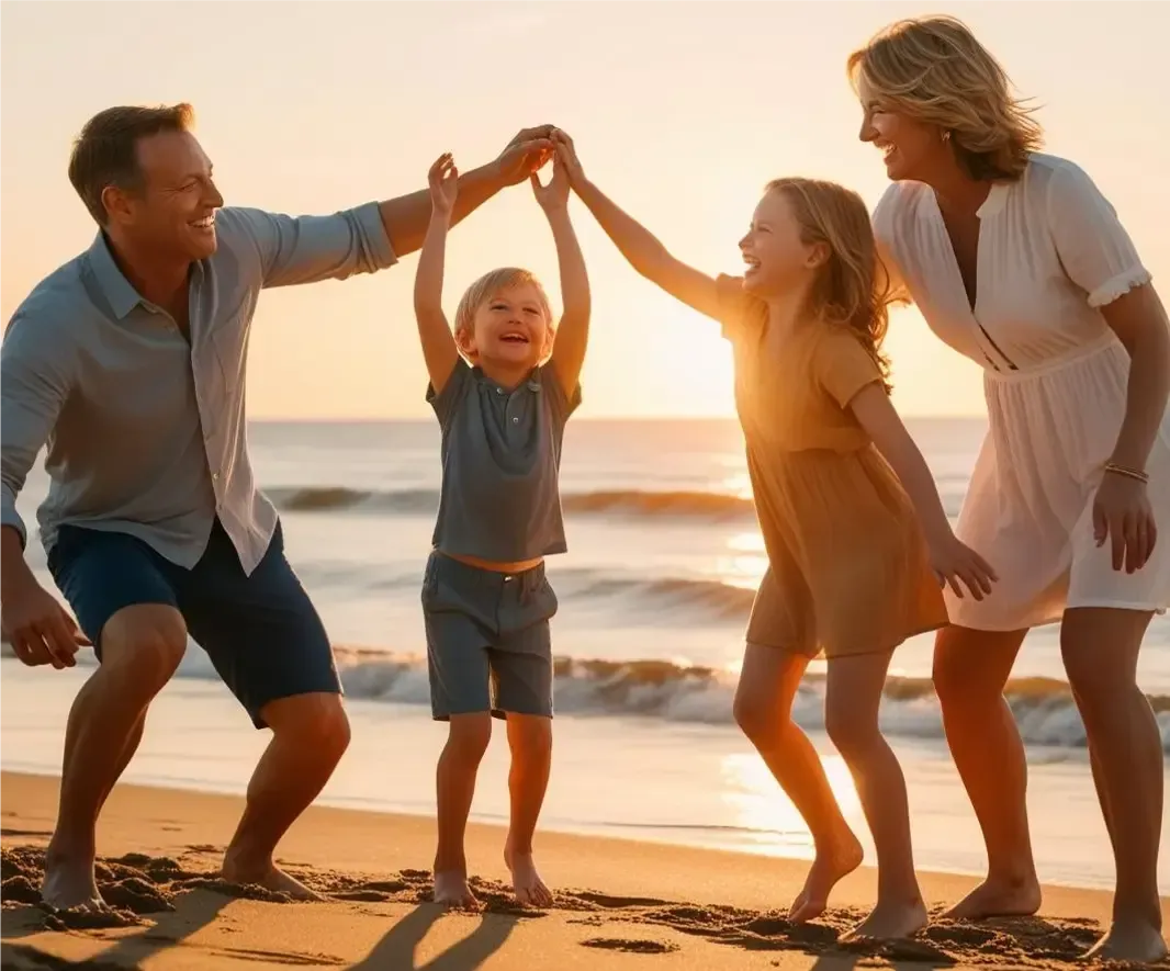 ai smiling family of four at the beach