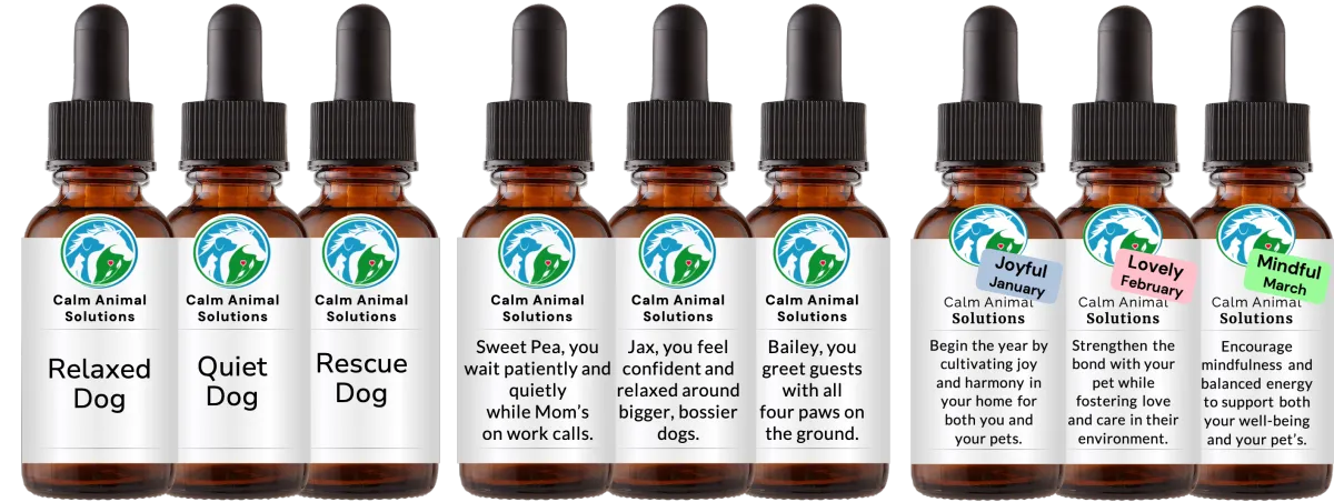 9 amber dropper bottles with Calm Animal Solutions label