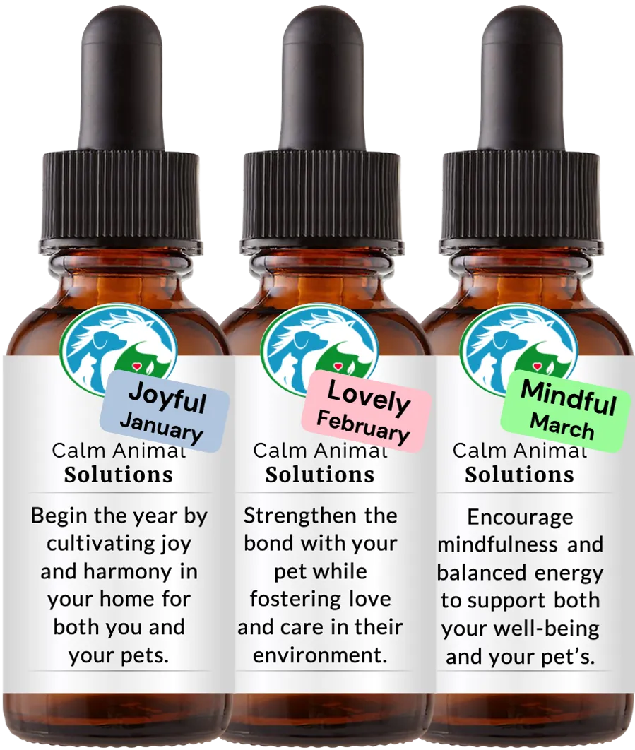 3 amber dropper bottles with Calm Animal Solutions label
