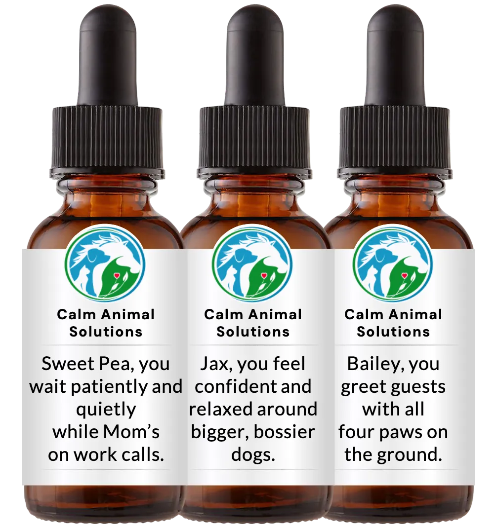 3 amber dropper bottles with Calm Animal Solutions label
