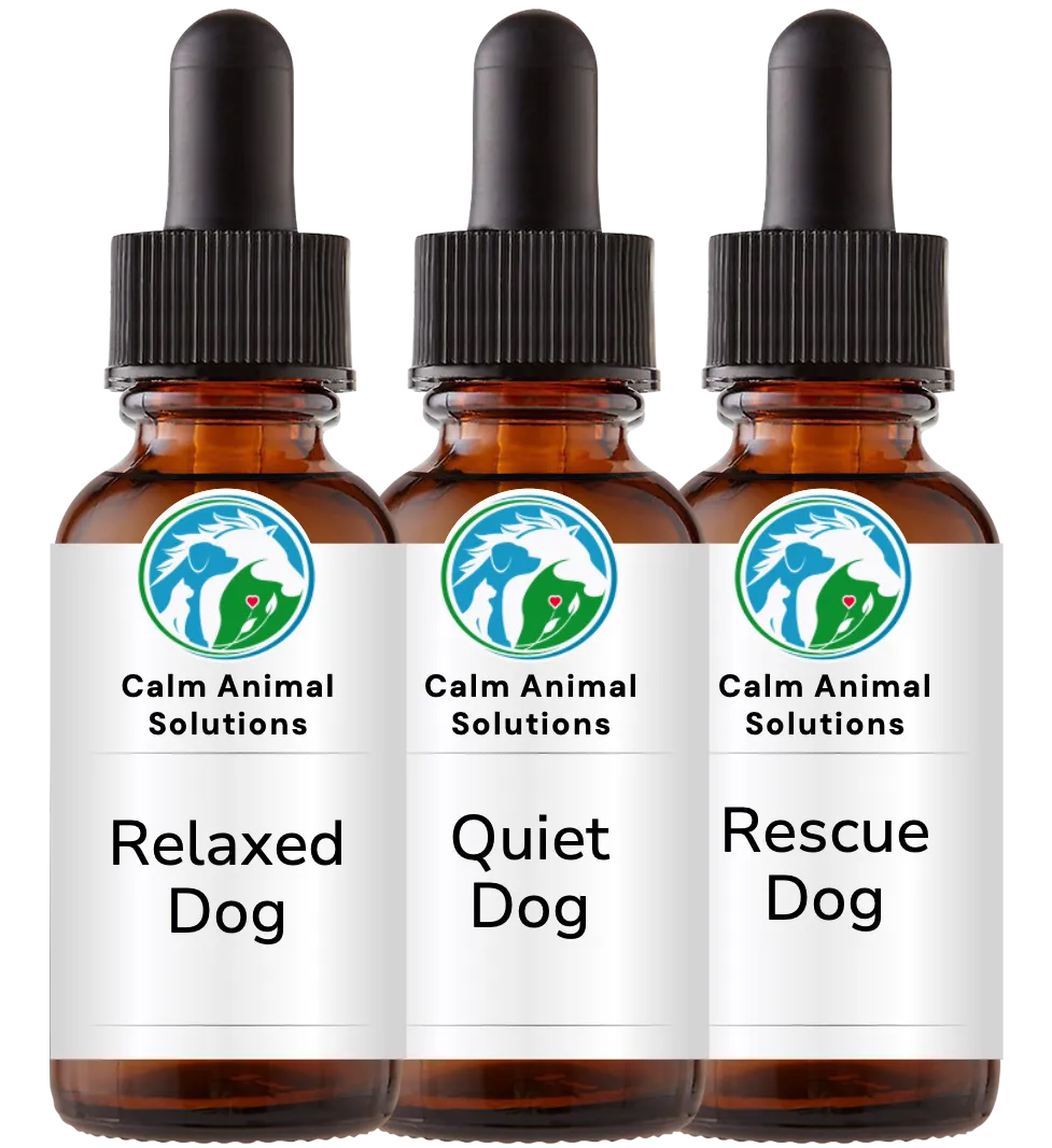 3 amber dropper bottles with Calm Animal Solutions label