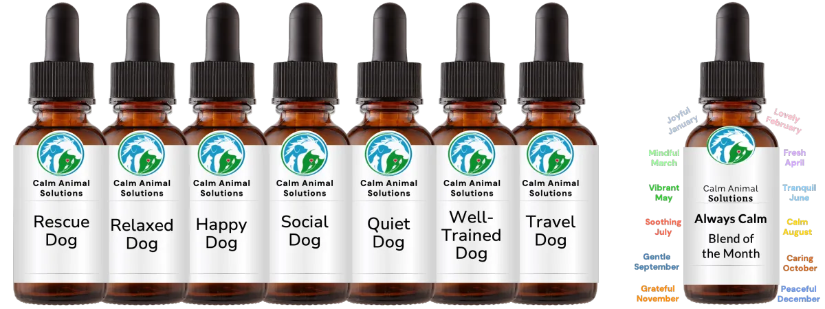 8 amber dropper bottles with Calm Animal Solutions label
