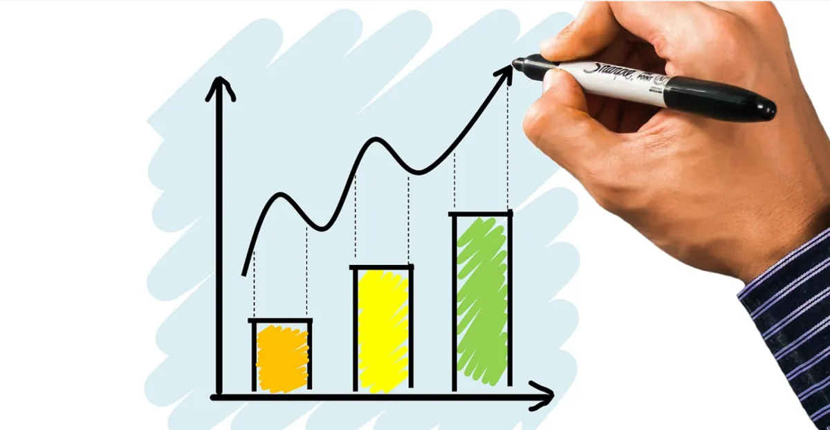 Close-up of hand drawing upward-trending bar graph showing improved performance — Calm Work Solutions’ non-pharmaceutical workplace spray kits support morale, focus, and accuracy across sales teams, production crews, and readiness-driven units.