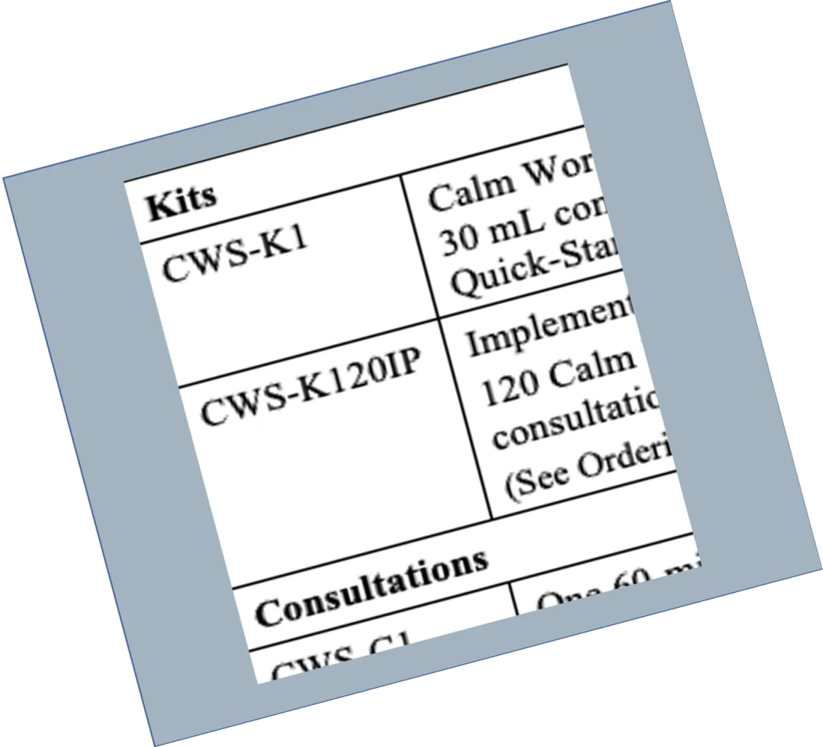 Screenshot of Calm Work Solutions product list showing kit options used to illustrate Step One: Order Your Kit.