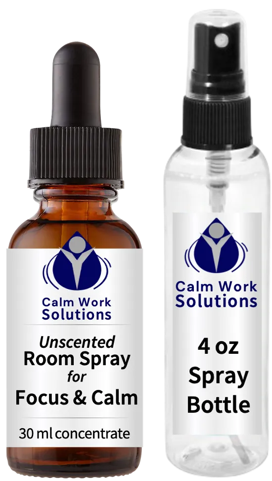 Two Calm Work Solutions bottles: one 30 mL concentrate labeled Unscented Room Spray for Focus & Calm, and one empty 4 oz spray bottle used to mix the solution in Step Two.