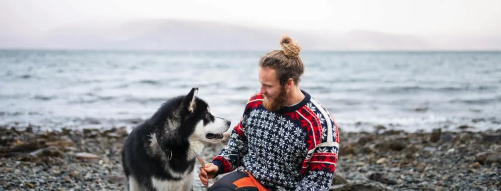 man with husky-type dog on Calm Animal Solutions' How to Calm an Anxious Dog, Naturally webpage