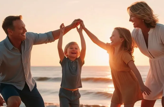 Smiling parents and children on the beach at sunset, relaxed and joyful as they play and hold hands