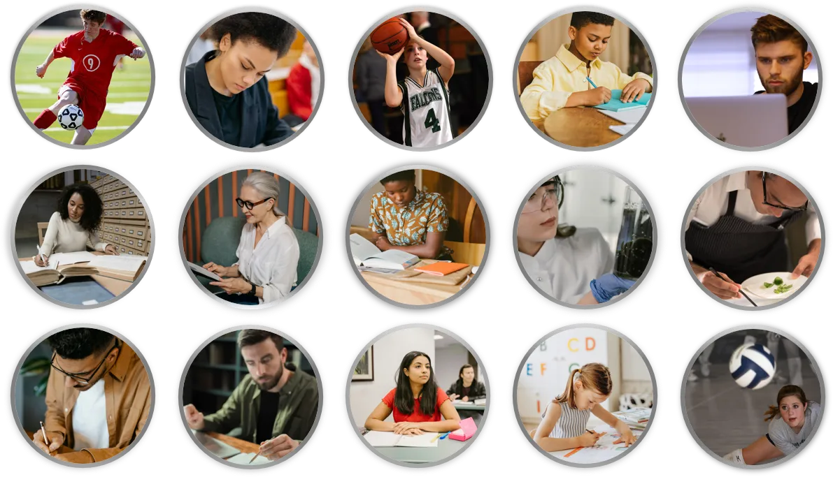 alt examples: person studying with calm focus, support student concentrating on homework, calmly professional working with clear focus, athlete maintaining calm concentration, writer working with mental clarity, young girl coloring with focused intention, student attentively listening to instructor