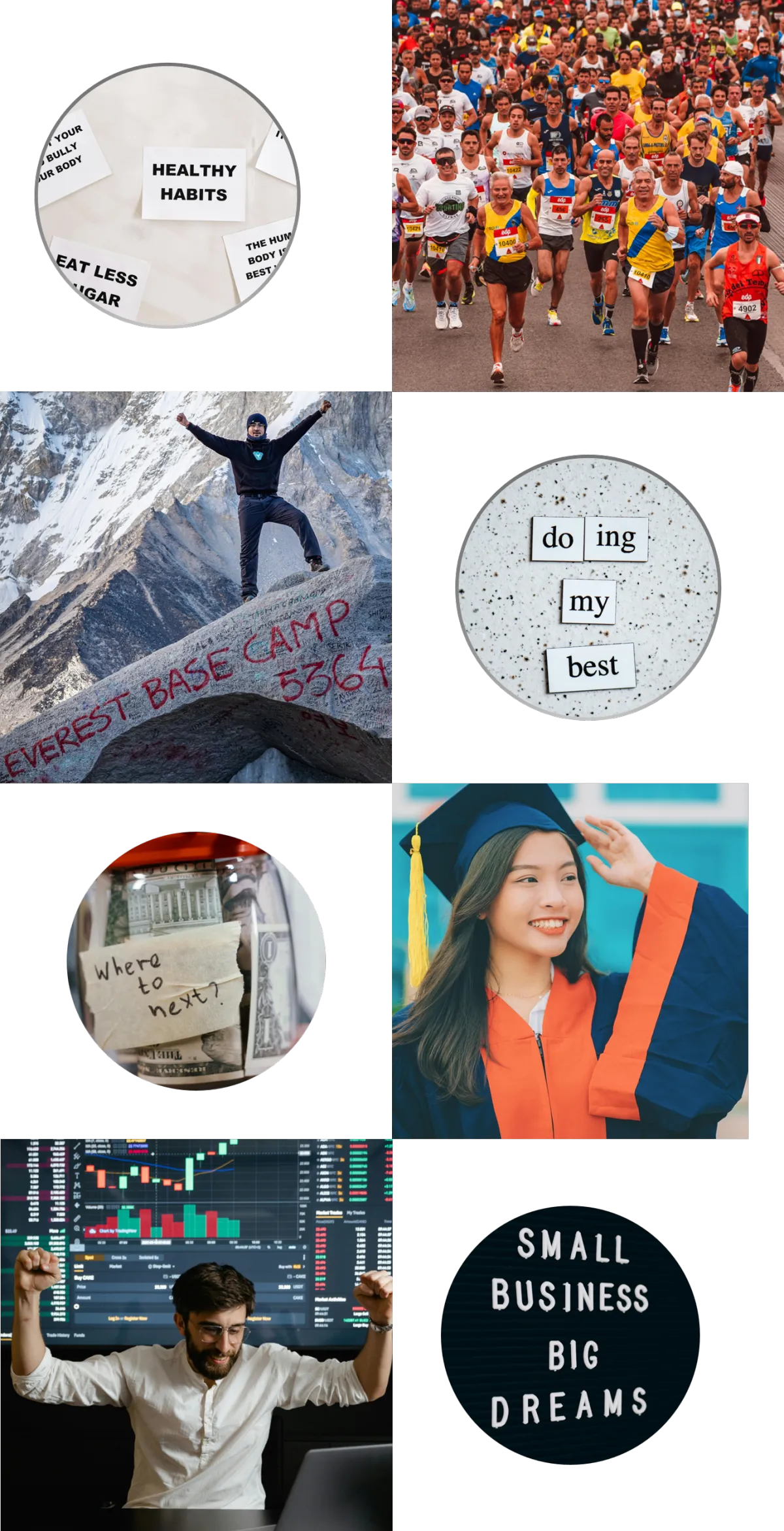 collage of four success photos and four affirmations