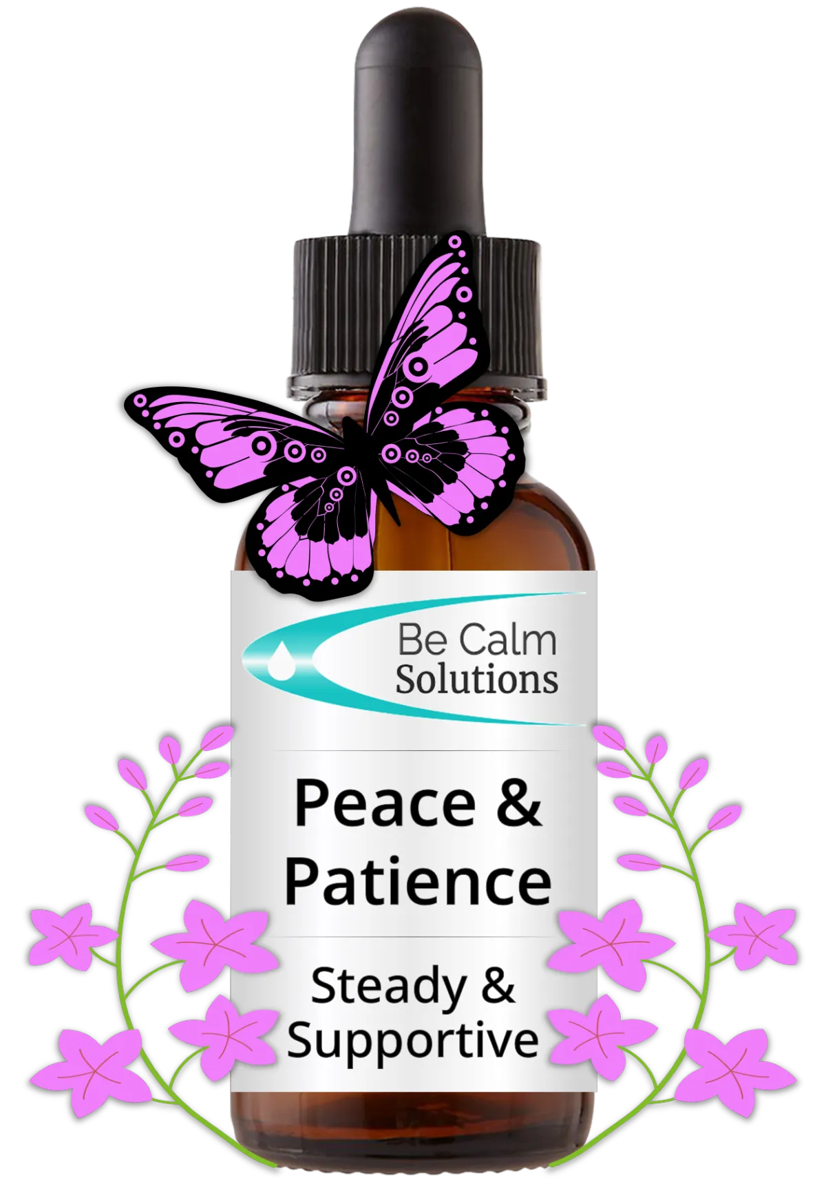 Be Calm Solutions bottles labeled Sleep Help Support, Calm & Focus, Emotional Balance, and Peace & Patience with sunflower and butterfly illustrations.