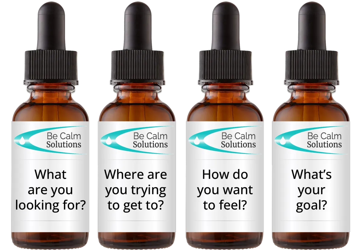 Be Calm Solutions flower essence bottles with reflective questions used to define a personal goal for a custom flower essence blend