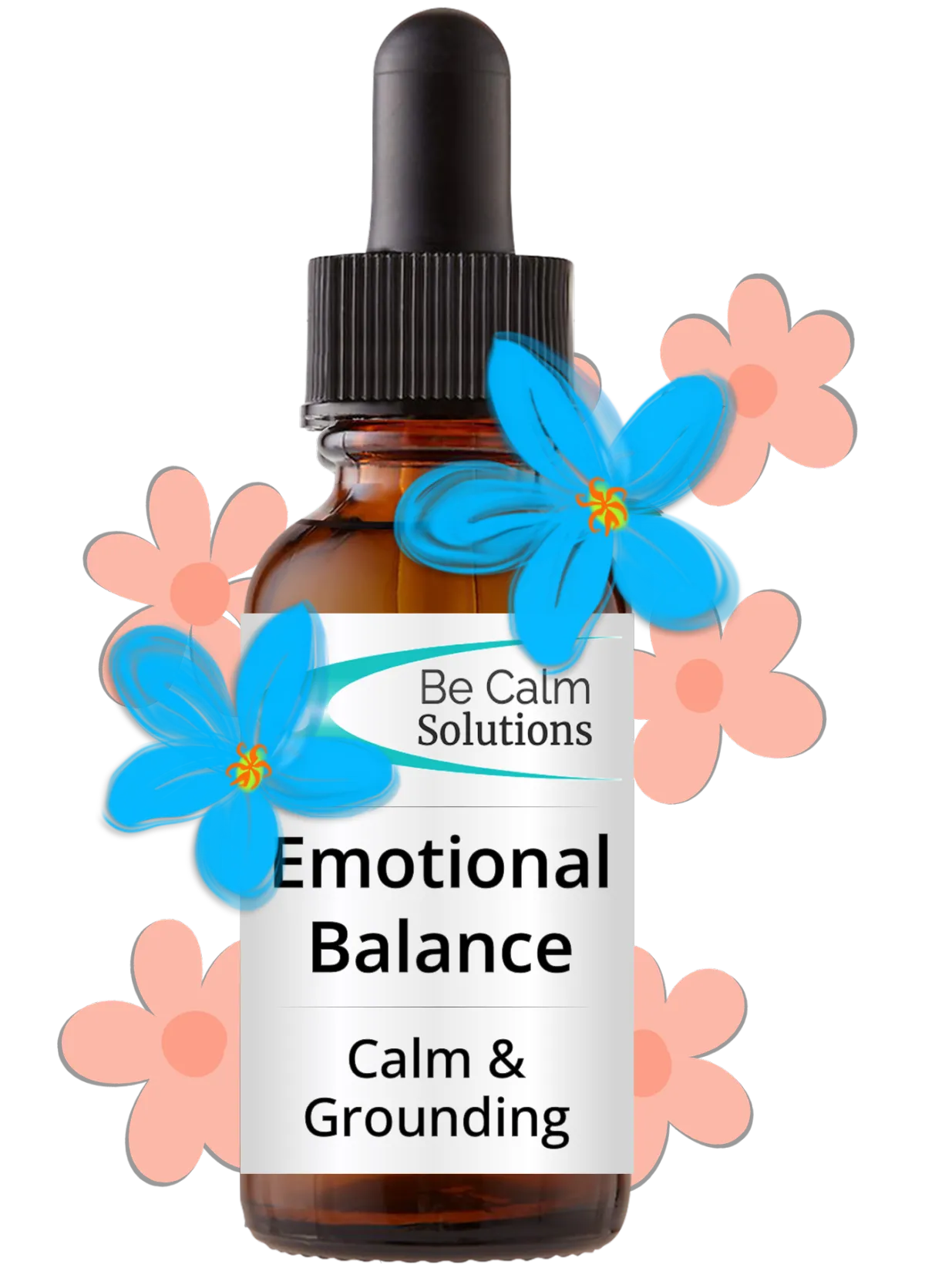 Be Calm Solutions Emotional Balance bottle with illustrated blue and peach flowers.