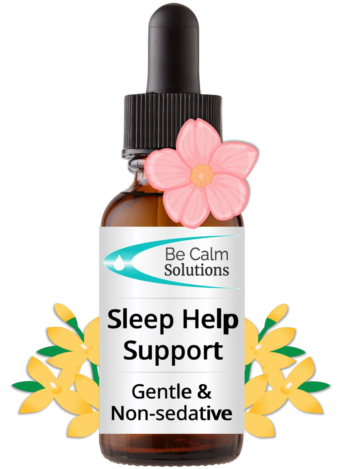 Be Calm Solutions Sleep Help Support bottle with illustrated yellow and pink flowers.