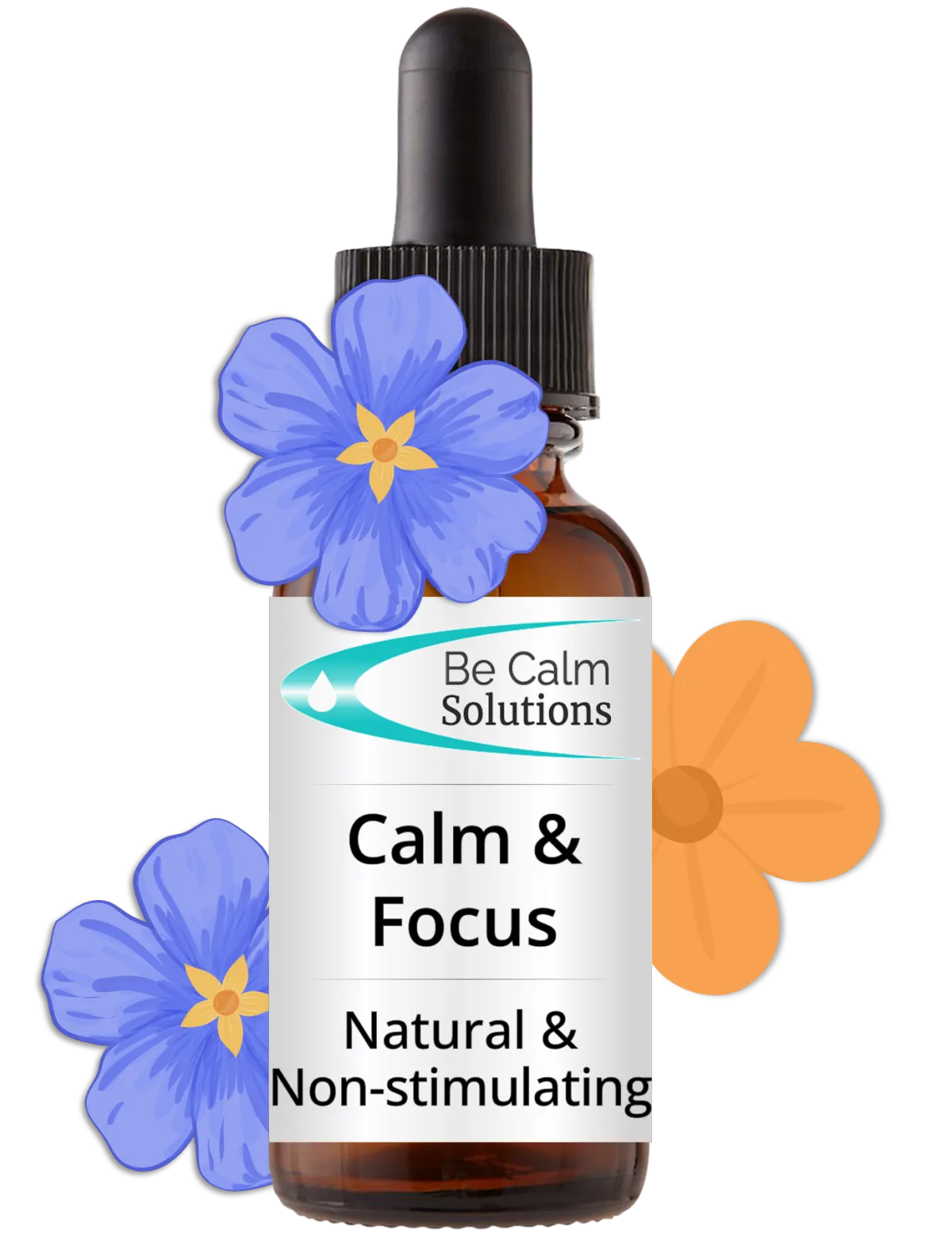 Be Calm Solutions Calm & Focus bottle with illustrated blue and orange flowers.