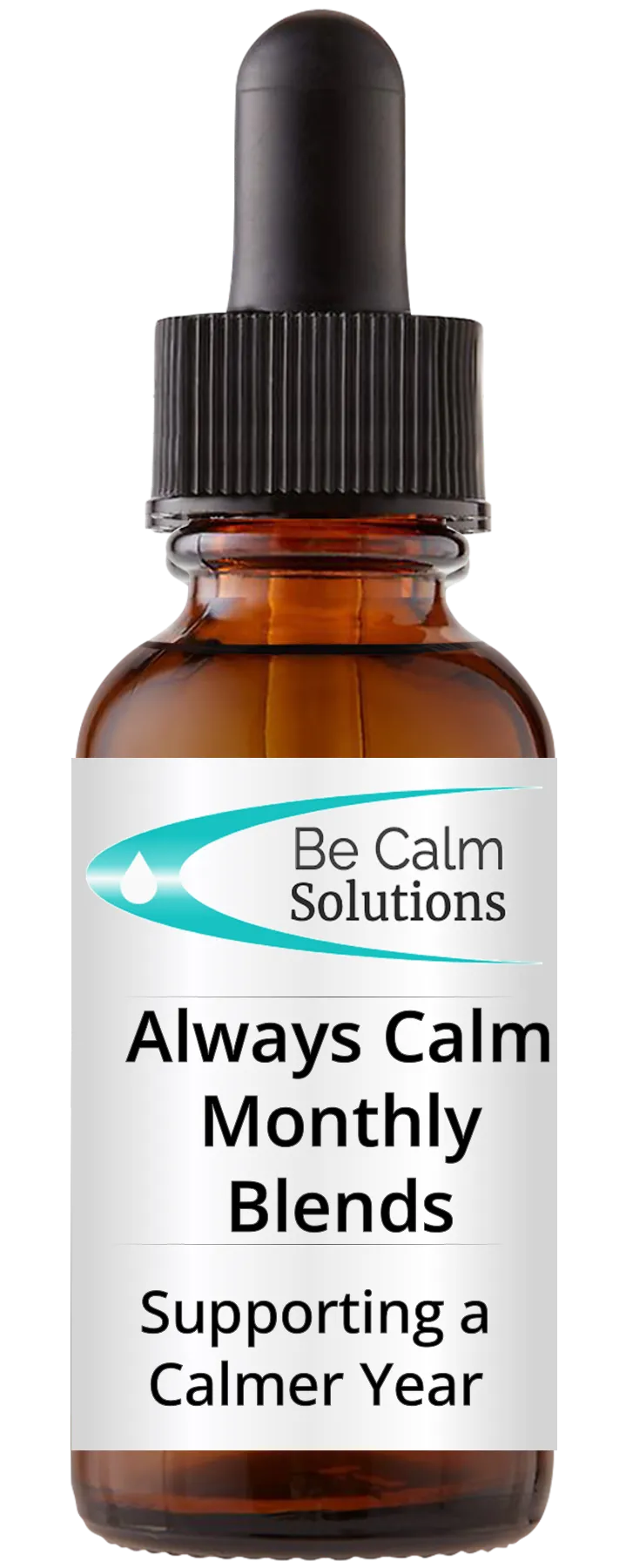 Amber dropper bottle with Be Calm Solutions Always Calm Monthly label