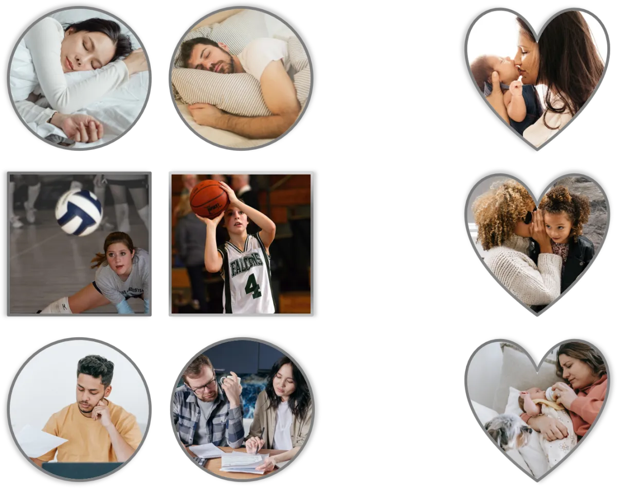 collage of photos of two people sleeping, two student athletes, 2 groups looking at finances, 3 moms with children