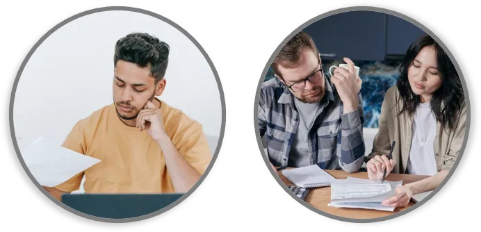 two photos of person(s) studying finances