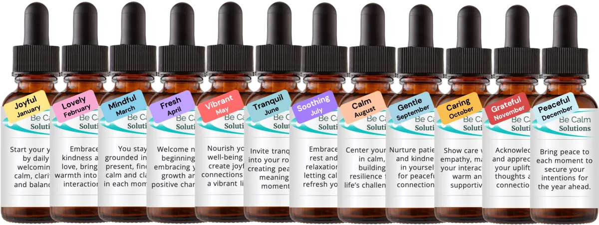 Be Calm Solutions Always Calm Monthly flower essence blends showing twelve bottles for each month of the year