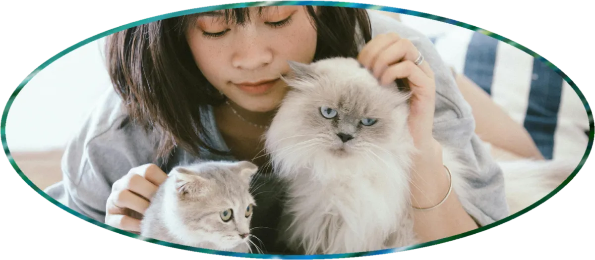 woman with two cats on Calm Animal Solutions' How to Cal an Anxious Cat web page