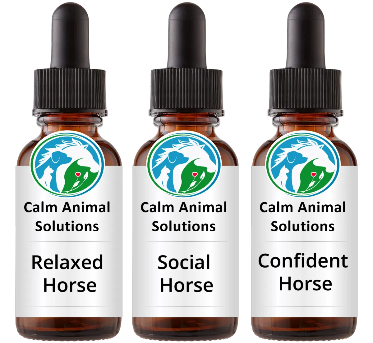 Three Calm Animal Solutions flower essence bottles for horse nervousness, herd tension, and trailer loading anxiety