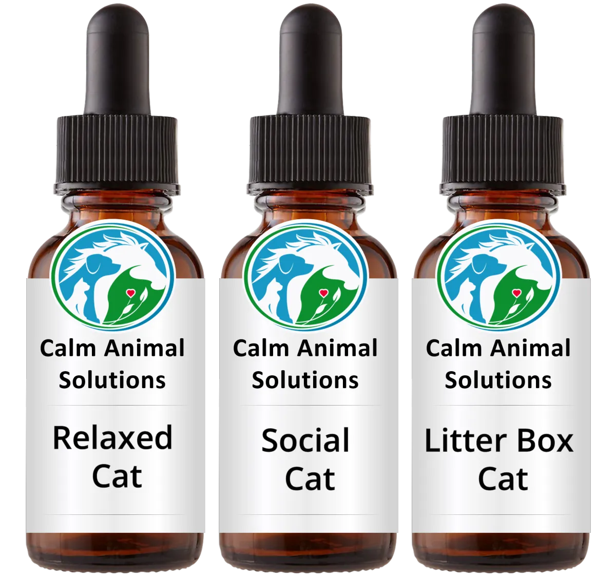 Three Calm Animal Solutions flower essence bottles for cat anxiety, aggression, and litter box problems