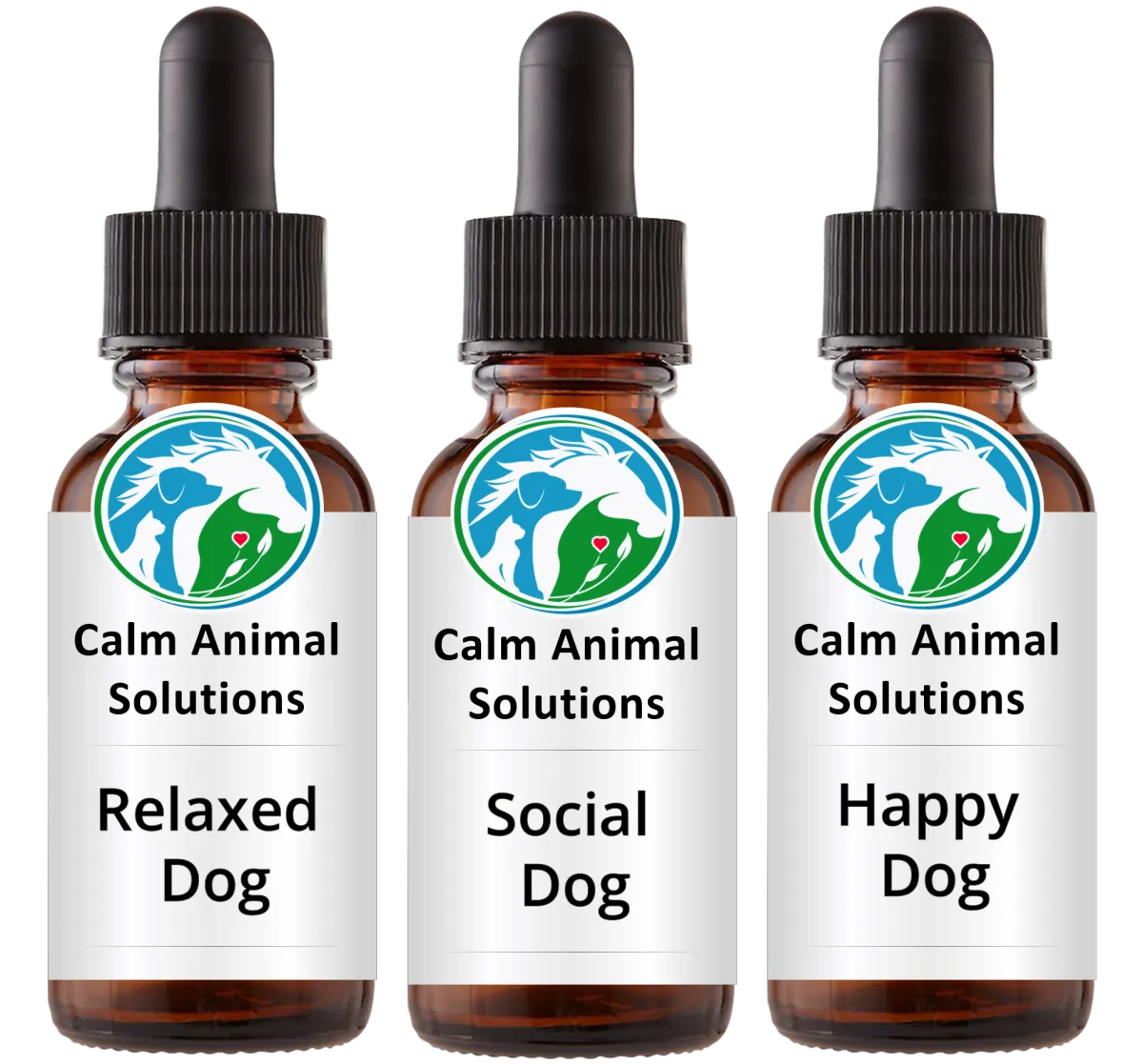 Three Calm Animal Solutions flower essence bottles for Relaxed Dog, Social Dog, and Happy Dog for How to Stop Dog from Barking