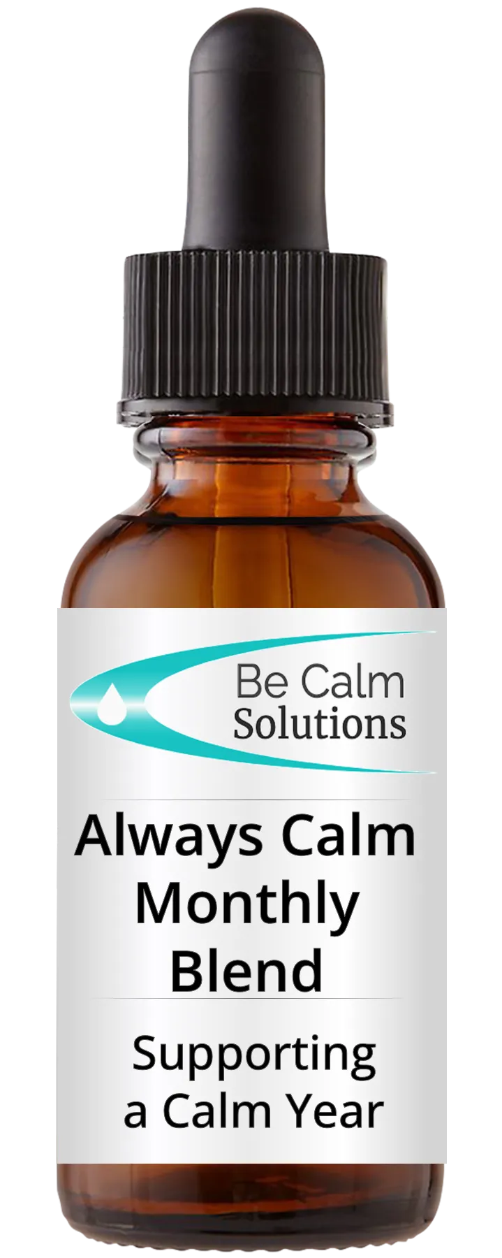 Amber dropper bottle with Be Calm Solutions Always Calm Monthly label