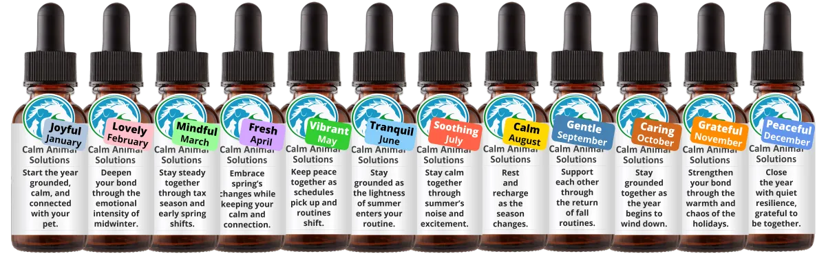 All 12 Always Calm Monthly Flower Essence Blends by Calm Animal Solutions — one for every month of the year