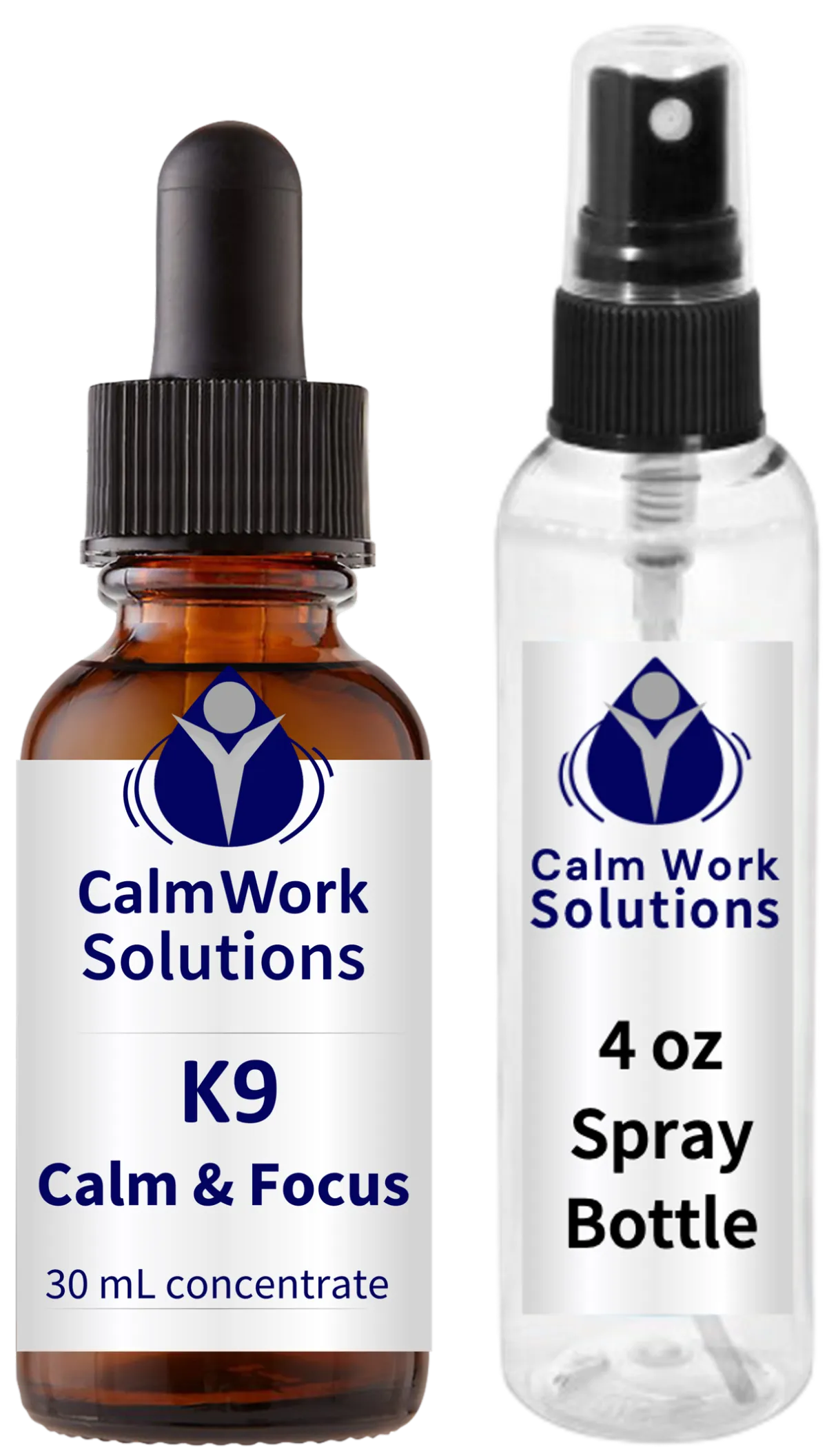 Two Calm Work Solutions bottles: one 30 mL concentrate labeled Unscented Room Spray for Focus & Calm, and one empty 4 oz spray bottle used to mix the solution in Step Two.