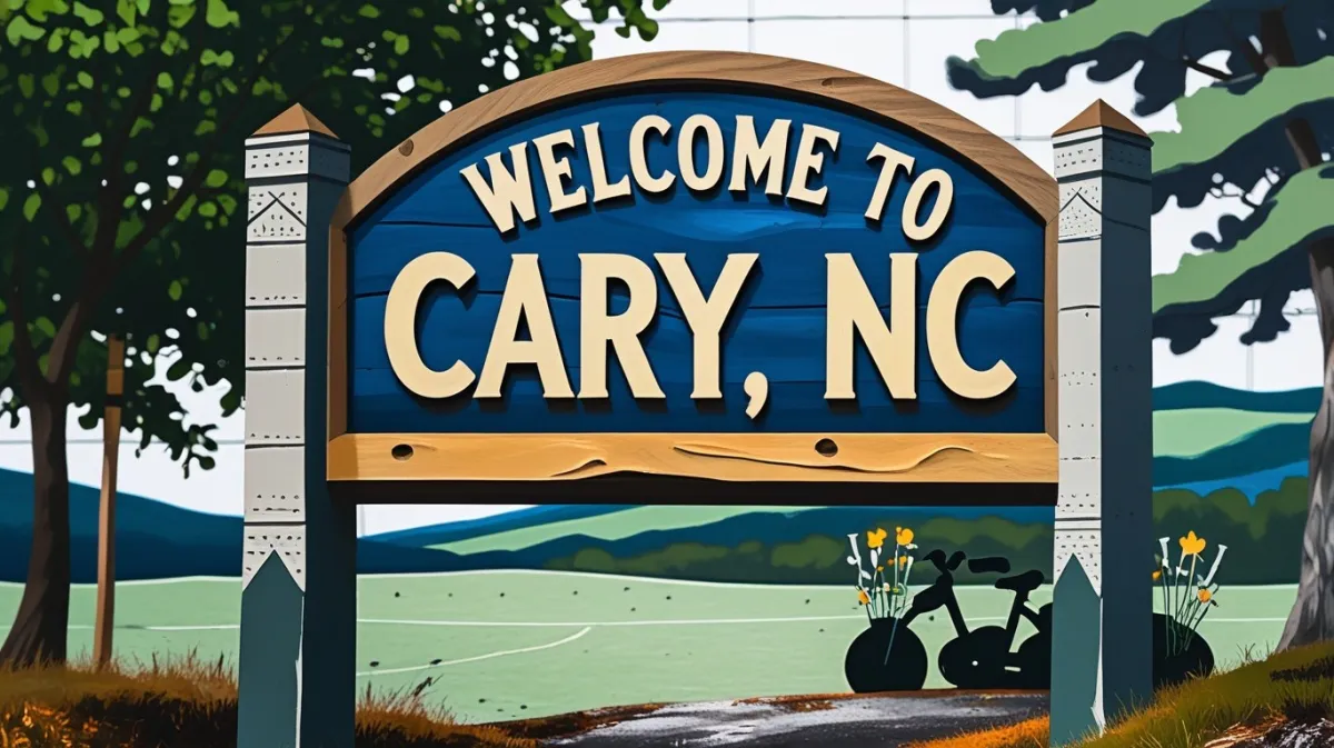 Painterly illustration of a wooden welcome sign for Cary, North Carolina, with rolling hills, trees, and an active-lifestyle scene in the background.