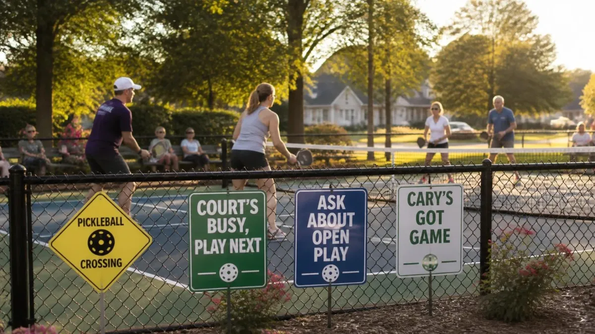 Adults playing pickleball on an outdoor court in Cary, NC, with yard signs for open play along the fence line