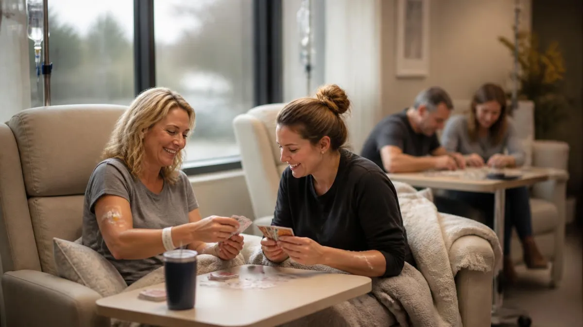 Two people playing cards together during an infusion treatment, with others working on a puzzle in the background, in a warm and comfortable treatment room.