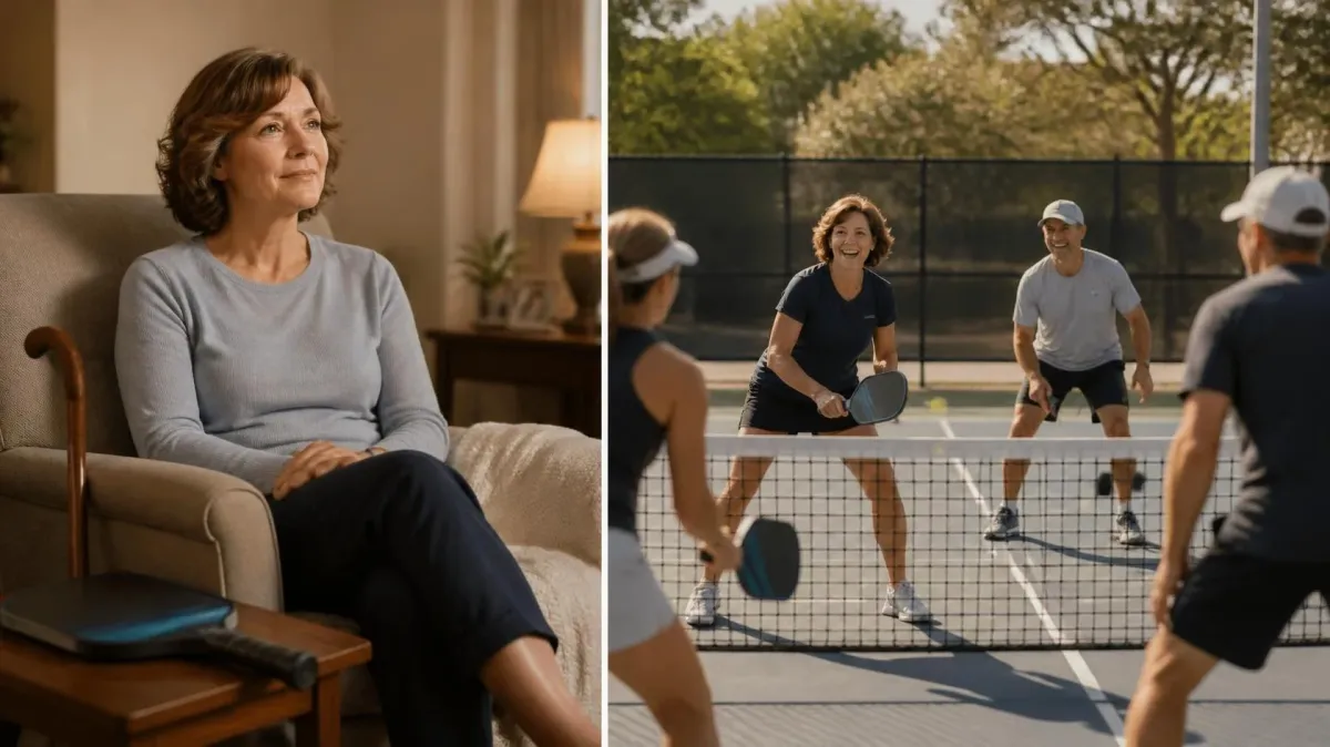 Before and after image: a woman resting at home with a cane and pickleball paddle nearby, and the same woman actively playing doubles pickleball on an outdoor court with a partner.