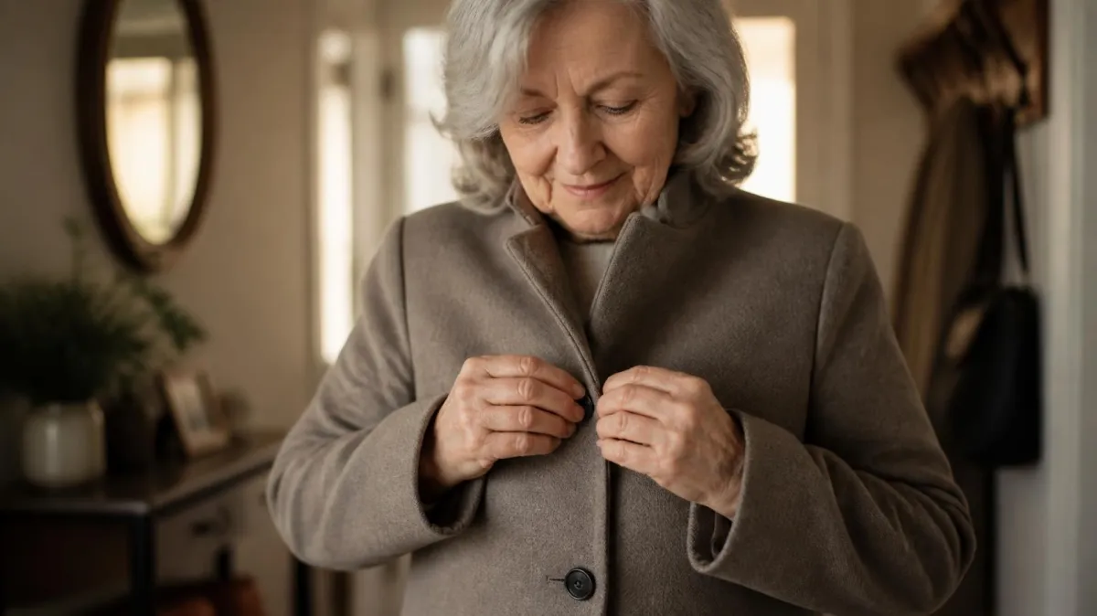 A 72-year-old woman buttoning her coat in a home foyer, focused calmly on the button with steady hands.