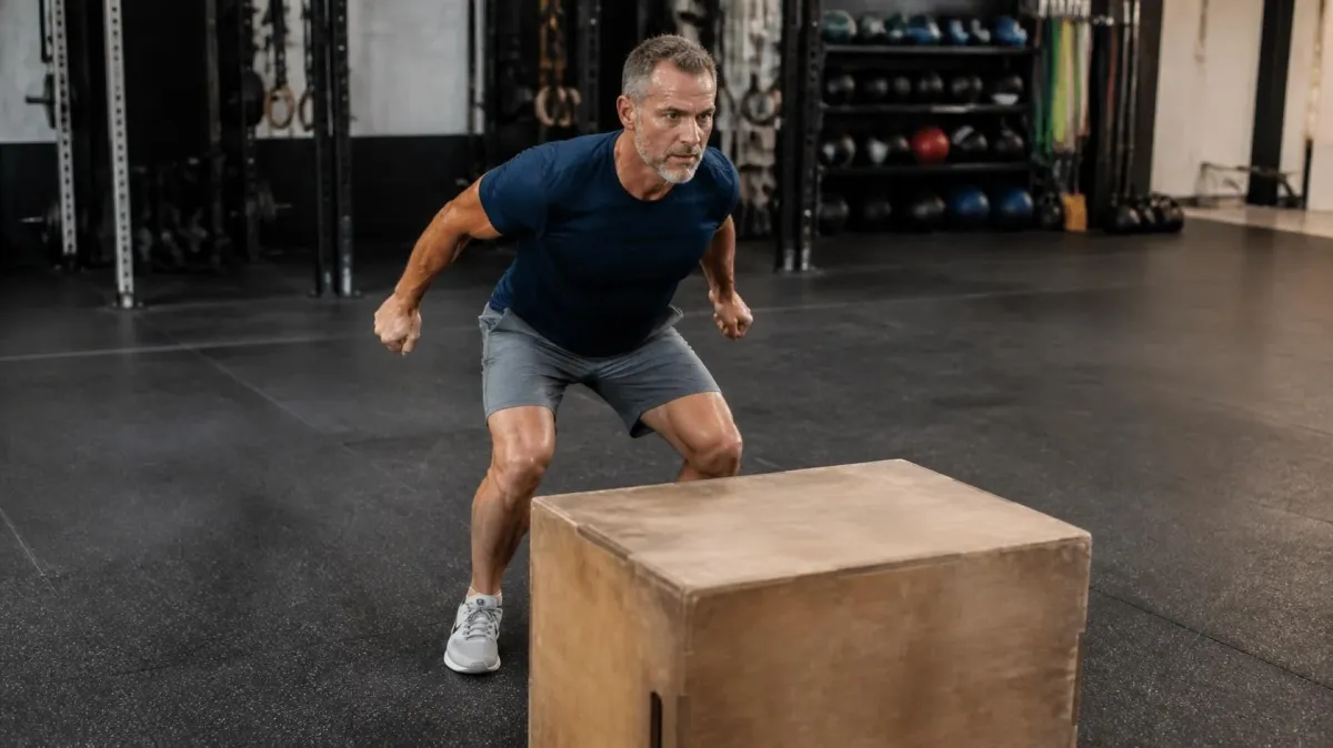 A 55-year-old man in a gym, in an athletic stance preparing to perform a box jump.