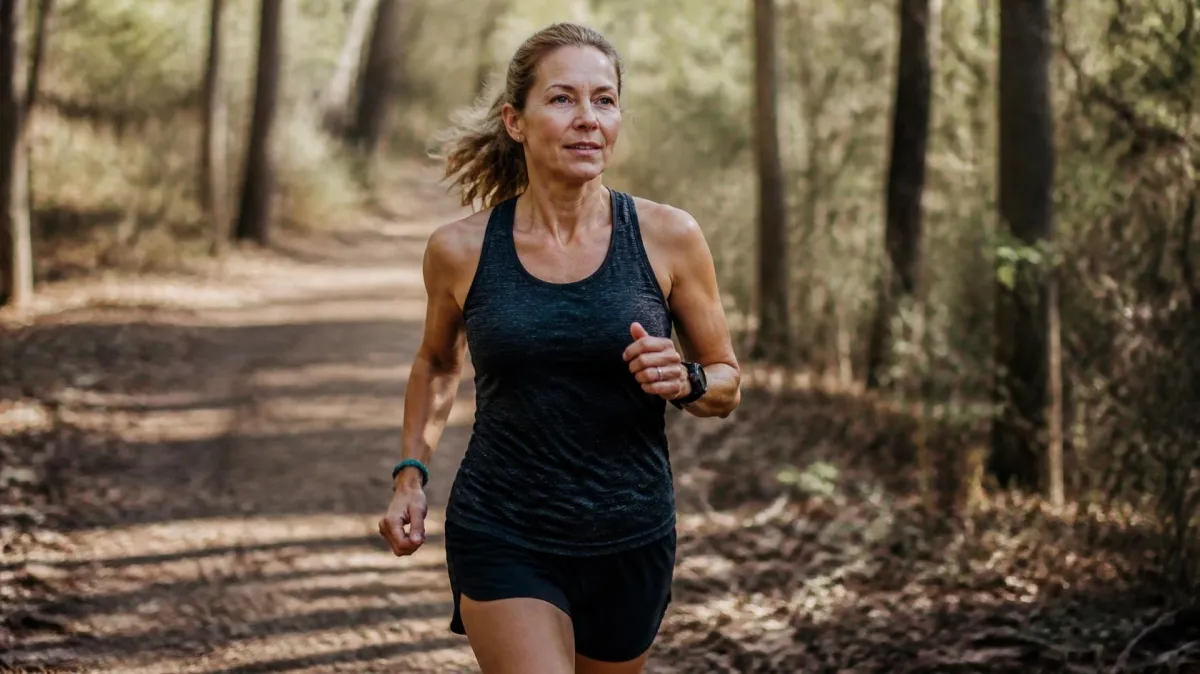 50-year-old woman trail running through a wooded path in natural running form, athletic and focused.