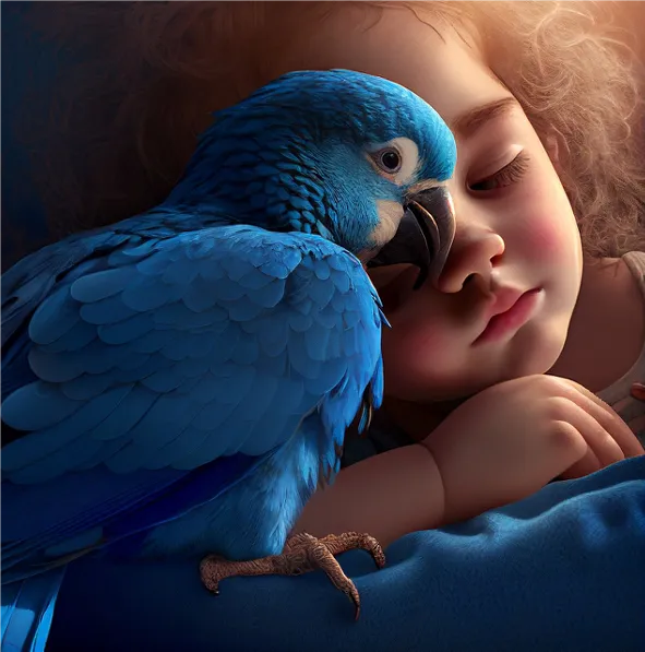 A blue macaw nuzzling affectionately against a child's cheek, showing the close bond many pet birds form with their people