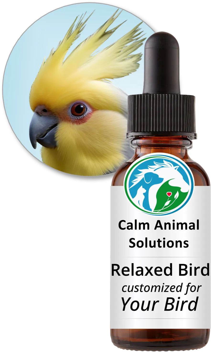 A yellow cockatiel with its crest raised beside a bottle of Relaxed Bird flower essence blend by Calm Animal Solutions, for birds who pluck feathers, seem bored or restless, or can't settle on their own — customized for your bird
