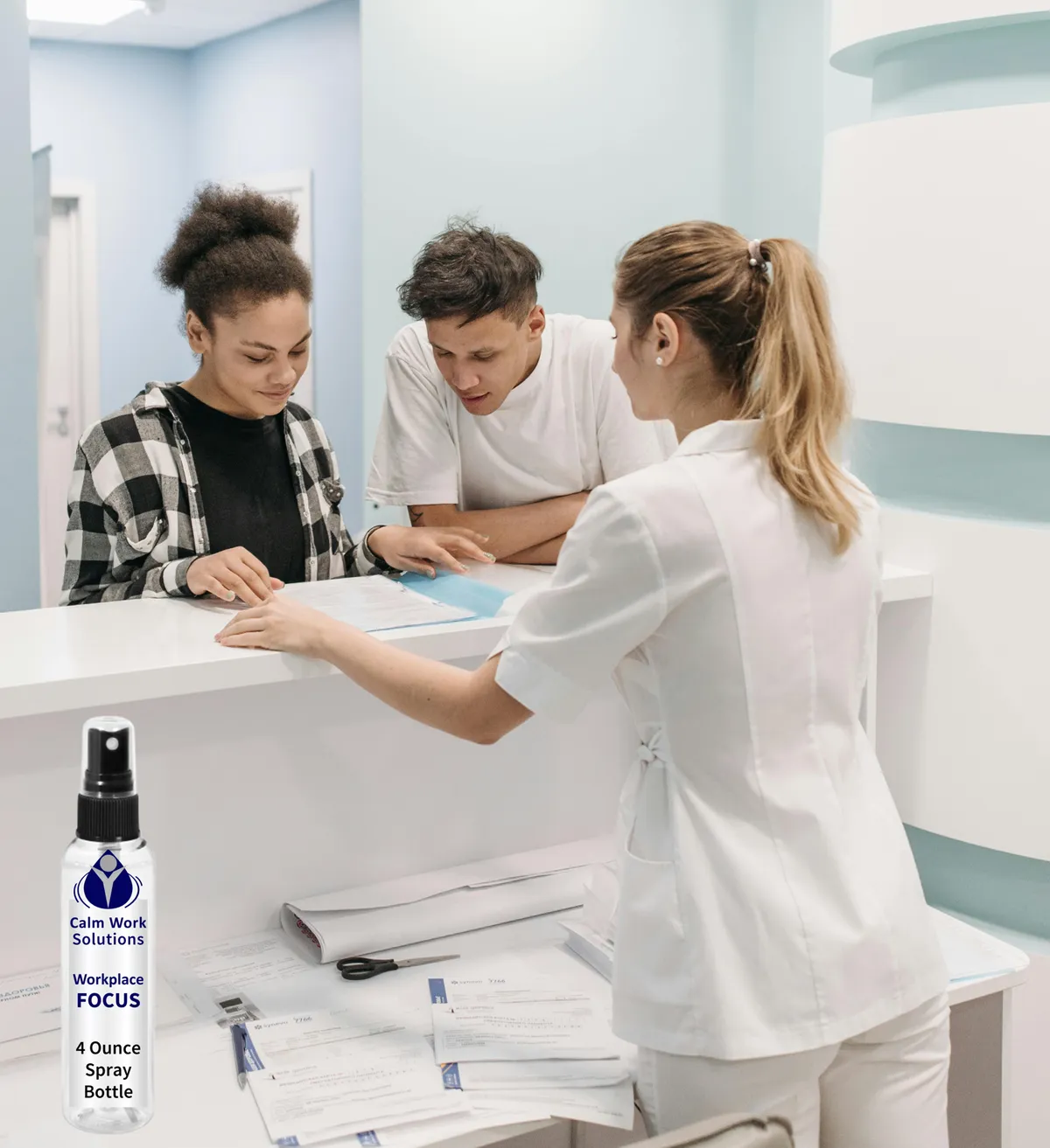 Workplace scene showing an employee handing papers to two coworkers at a reception desk, with a Calm Work Solutions spray bottle nearby to illustrate on-the-job use.