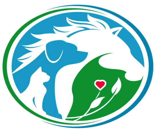 logo with artistic drawing of a cat, a dog and a horse