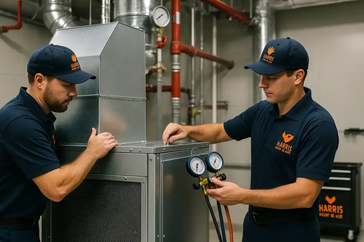 Two Harris Heat & Air technicians in navy uniforms and logo caps inspect gauges and secure ductwork on a large commercial air-handling unit inside a mechanical room, surrounded by pipes and equipment.