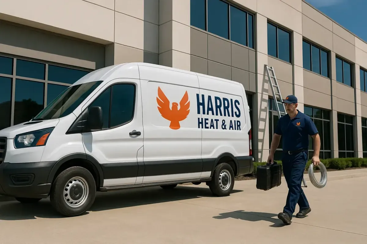 Harris Heat & Air branded service van parked outside a modern commercial building while a uniformed technician wearing a logo hat and shirt carries tools toward an access ladder, ready for a commercial HVAC installation.