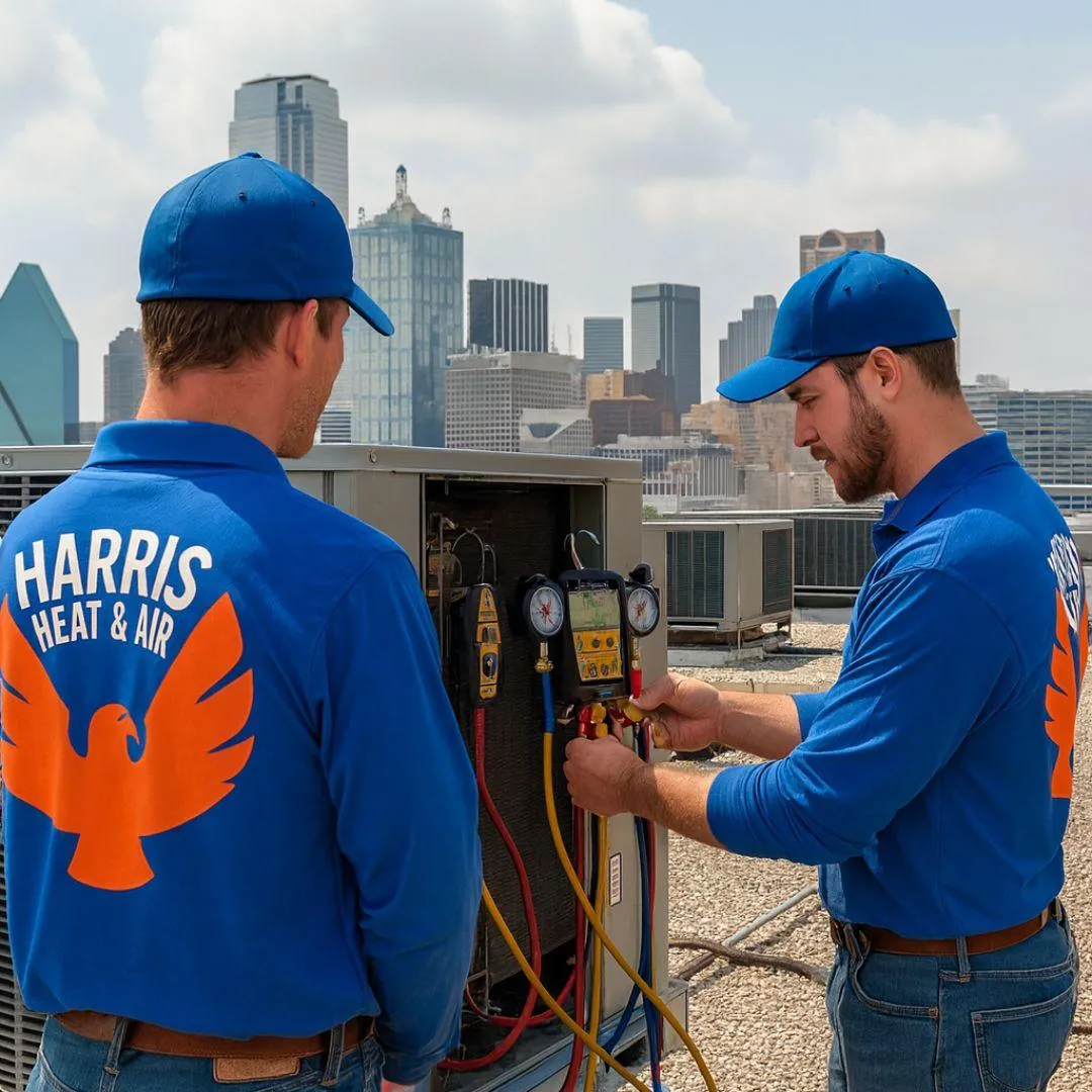 Commercial HVAC diagnostic equipment being used to test large office building air conditioning system in Cypress, TX
