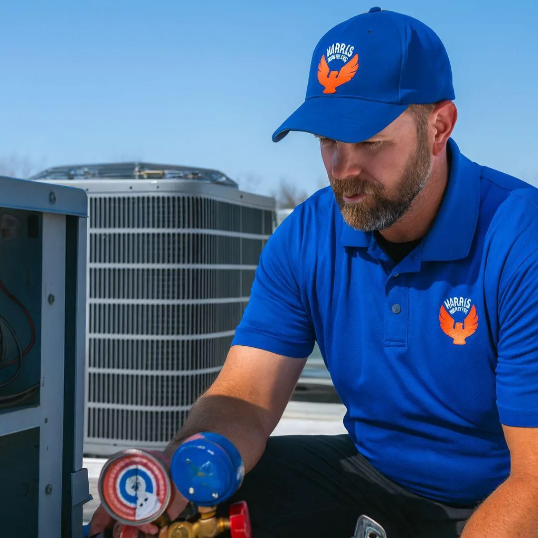 Harris Heat & Air technician performing commercial HVAC repair on rooftop unit in Cypress, Texas business district