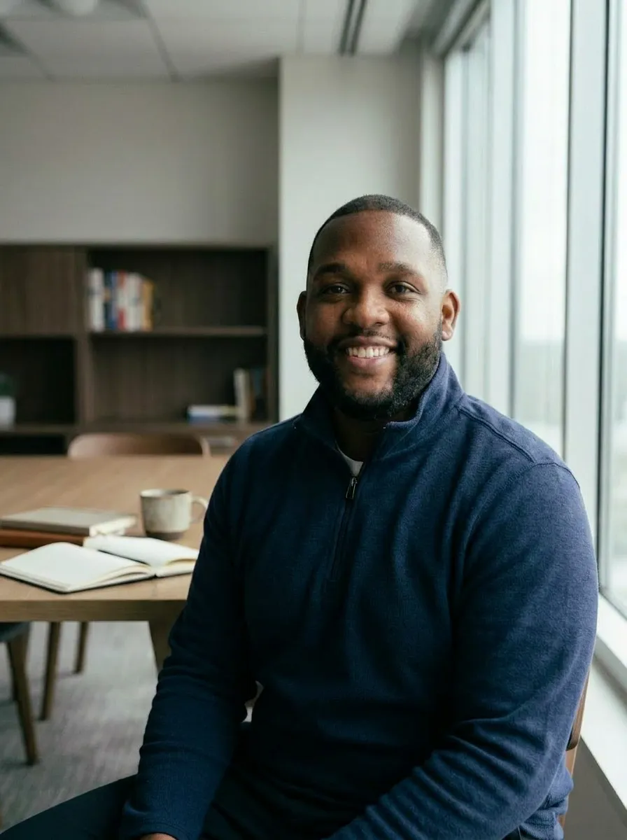 Cinematic founder portrait of Malcolm in soft natural light