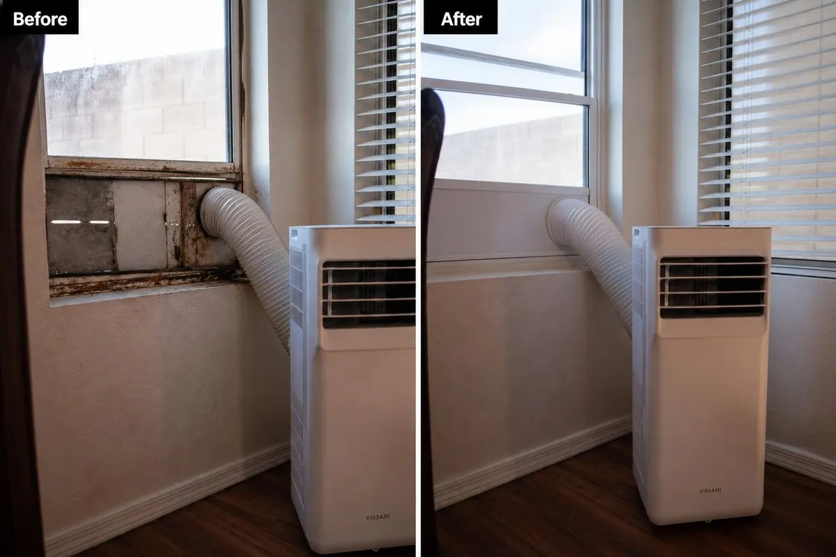 Before and after: portable AC window kit replaced with an AC Ports panel