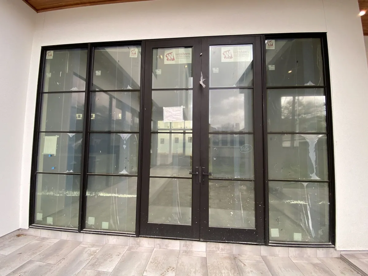 Black-framed French patio doors, interior view